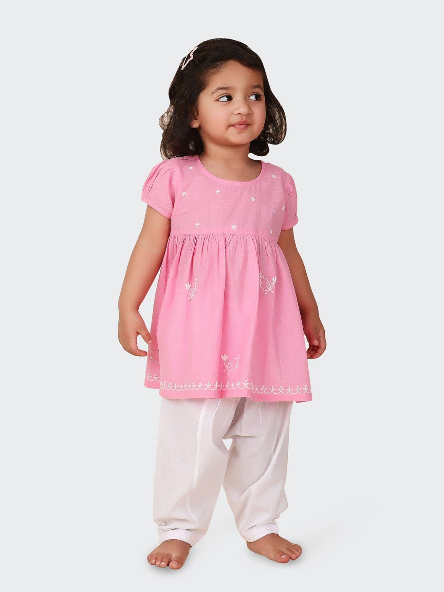 pink cotton embroidered a-line salwar (set of 2)