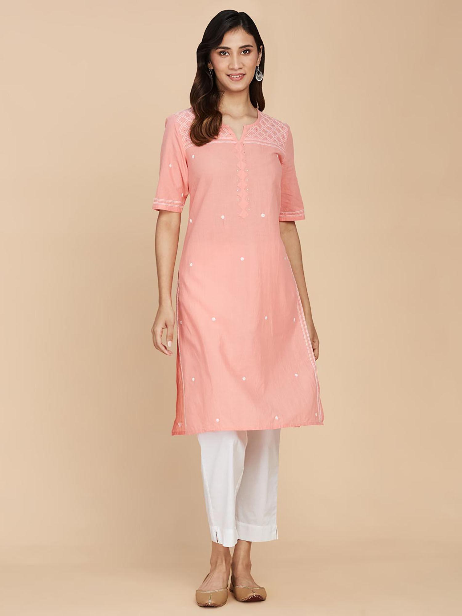 pink cotton embroidered knee length kurta