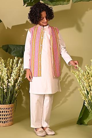 pink cotton embroidered nehru jacket set for boys