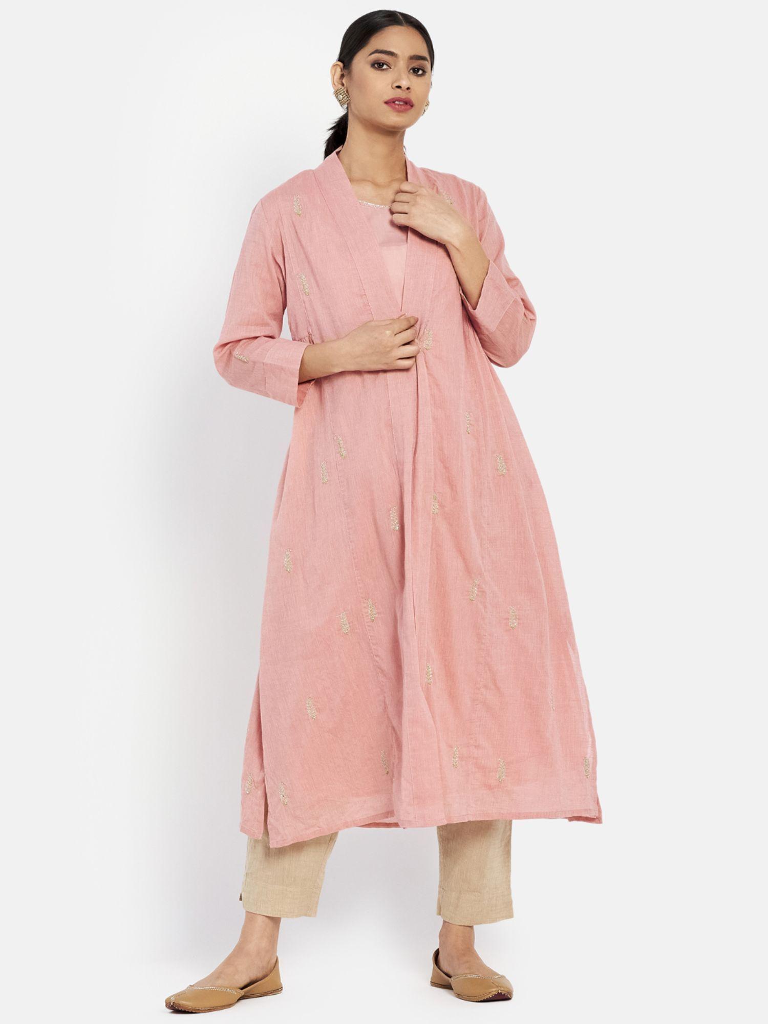 pink cotton embroidered raised neck slim fit long kurta