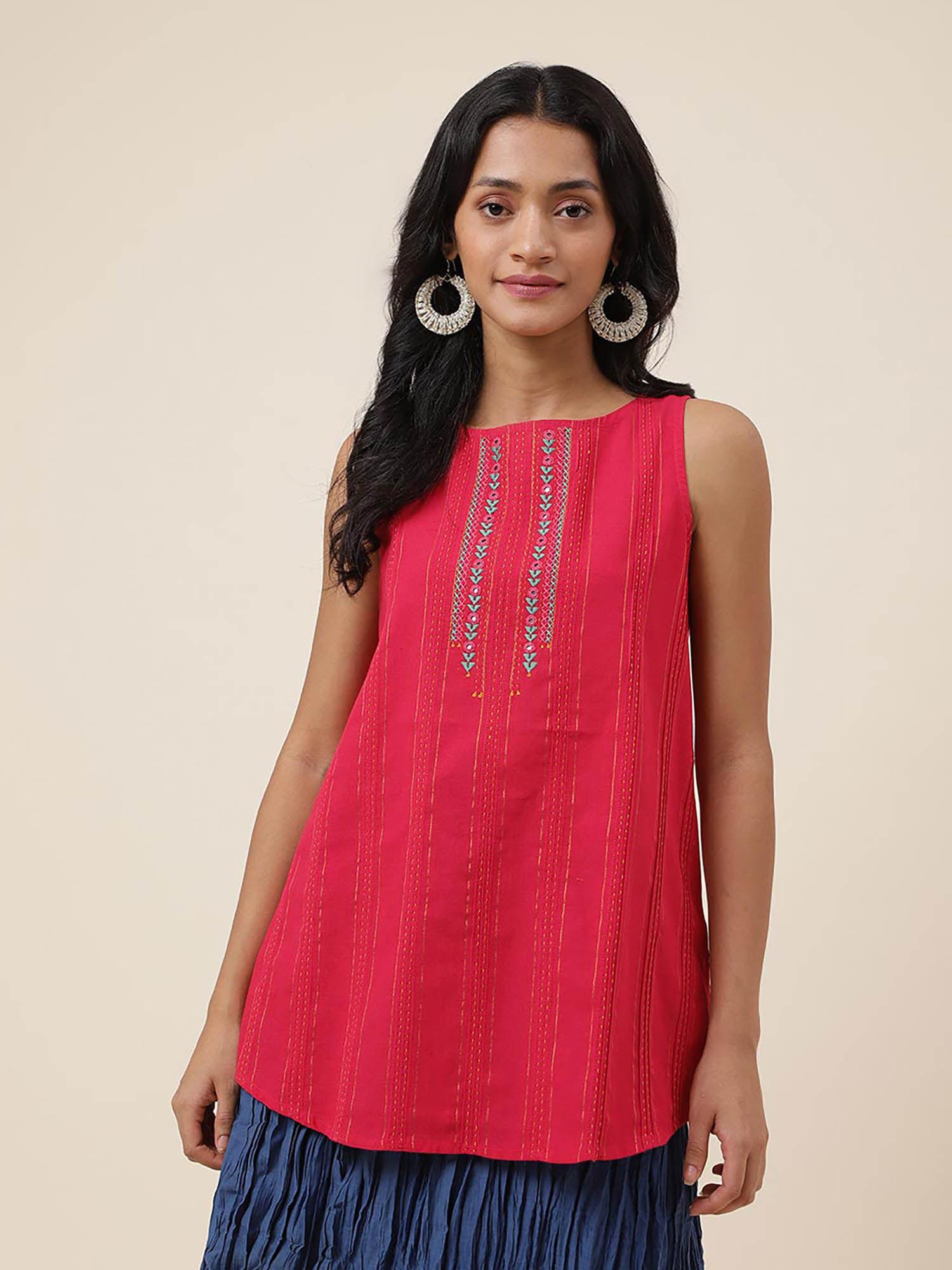 pink cotton embroidered slim fit short kurti