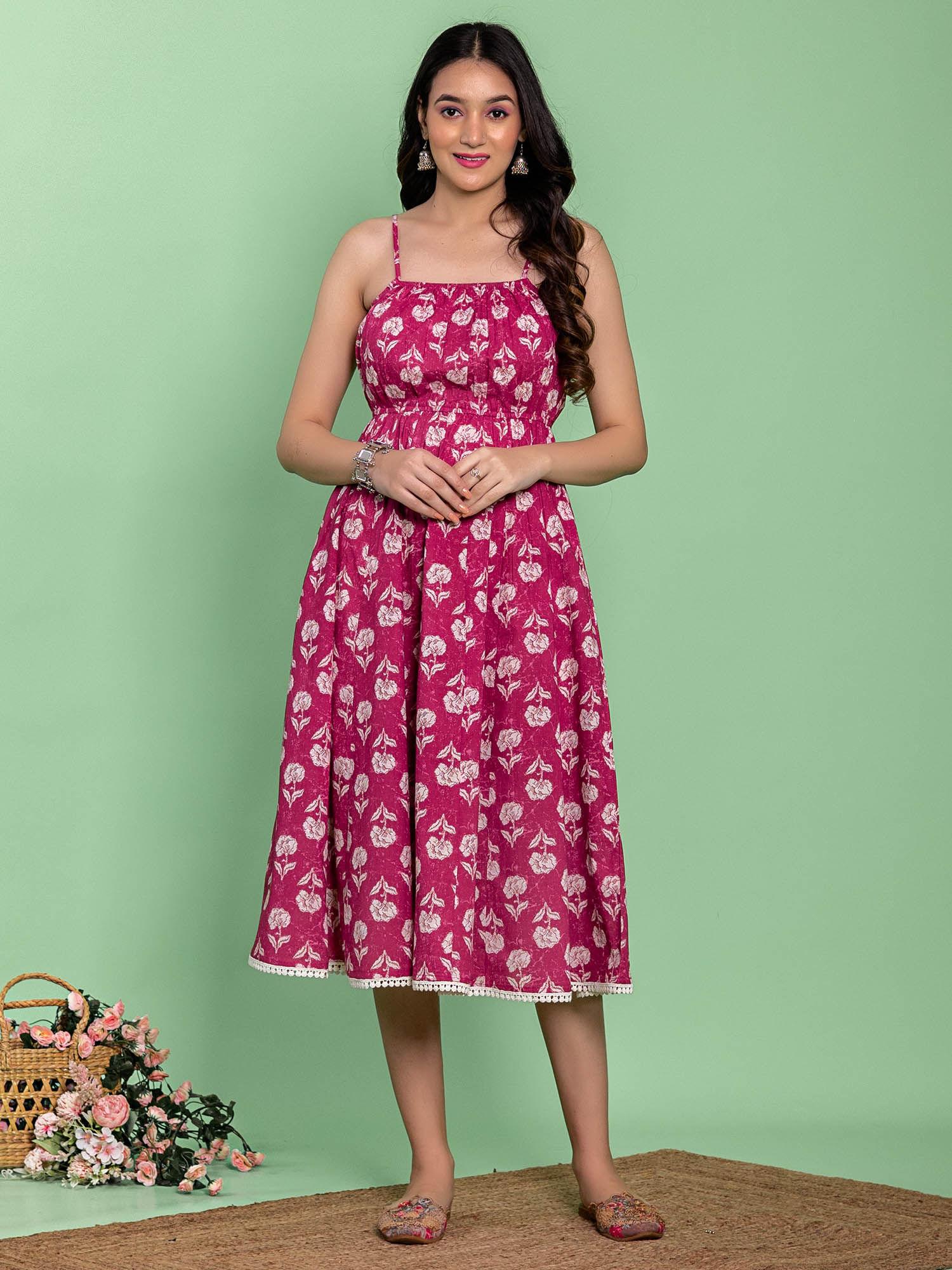 pink cotton flared floral printed dress