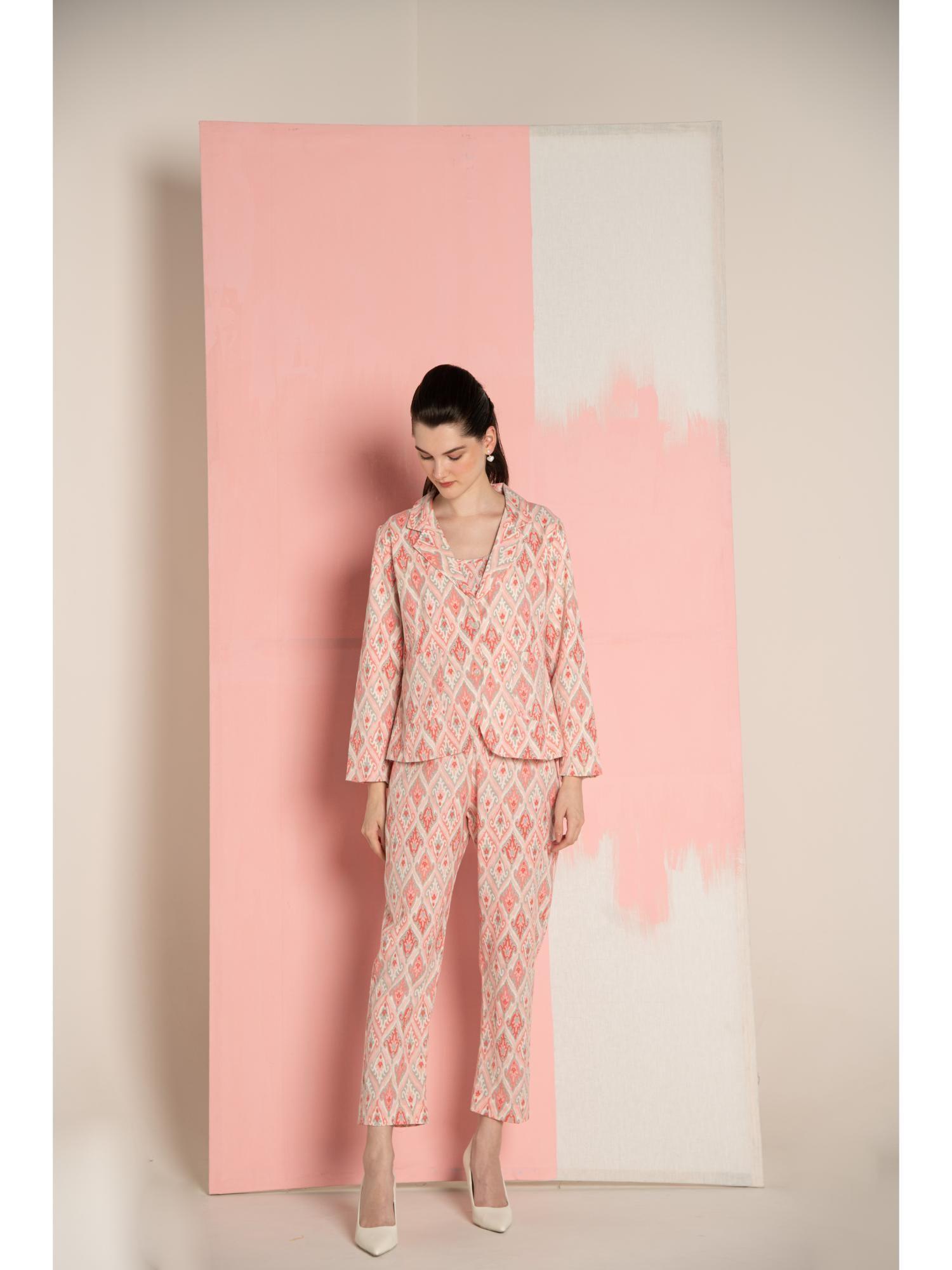 pink cotton flex ikhat print co-ord (set of 3)