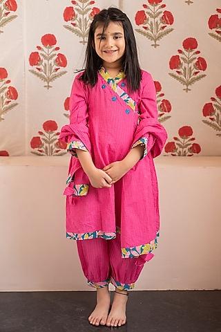 pink cotton floral embroidered wrap kurta set for girls