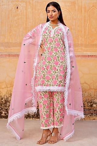 pink cotton floral hand block printed kurta set