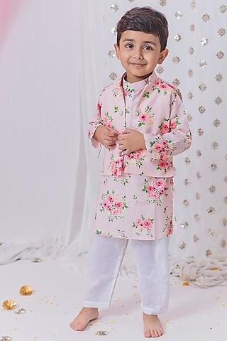 pink cotton floral hand embroidered nehru jacket set for boys