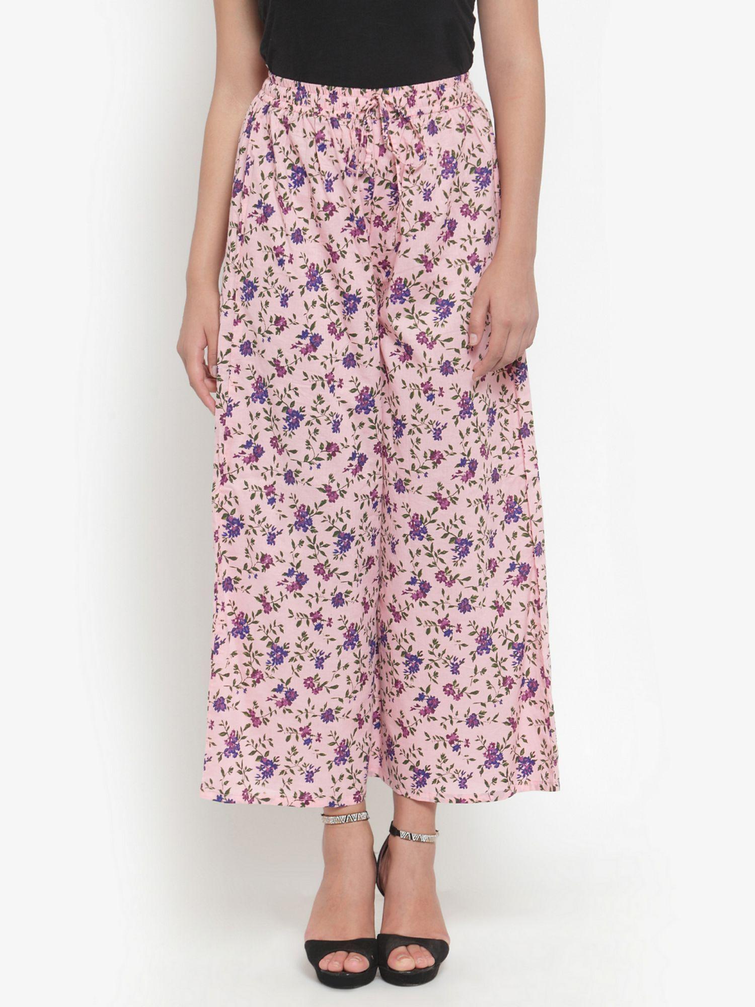 pink cotton floral print a-line palazzos