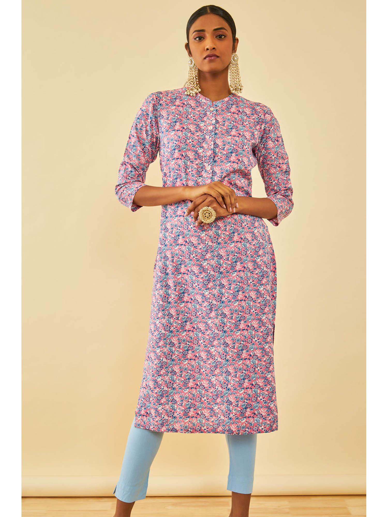 pink cotton floral print kurta