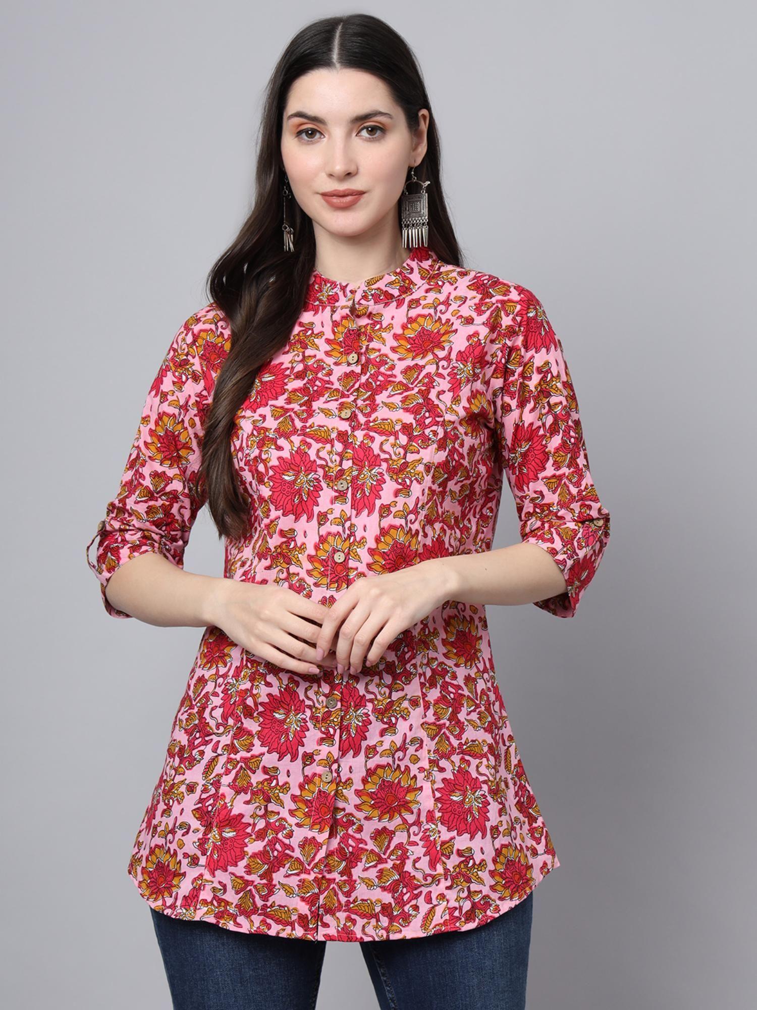 pink cotton floral print shirt style top