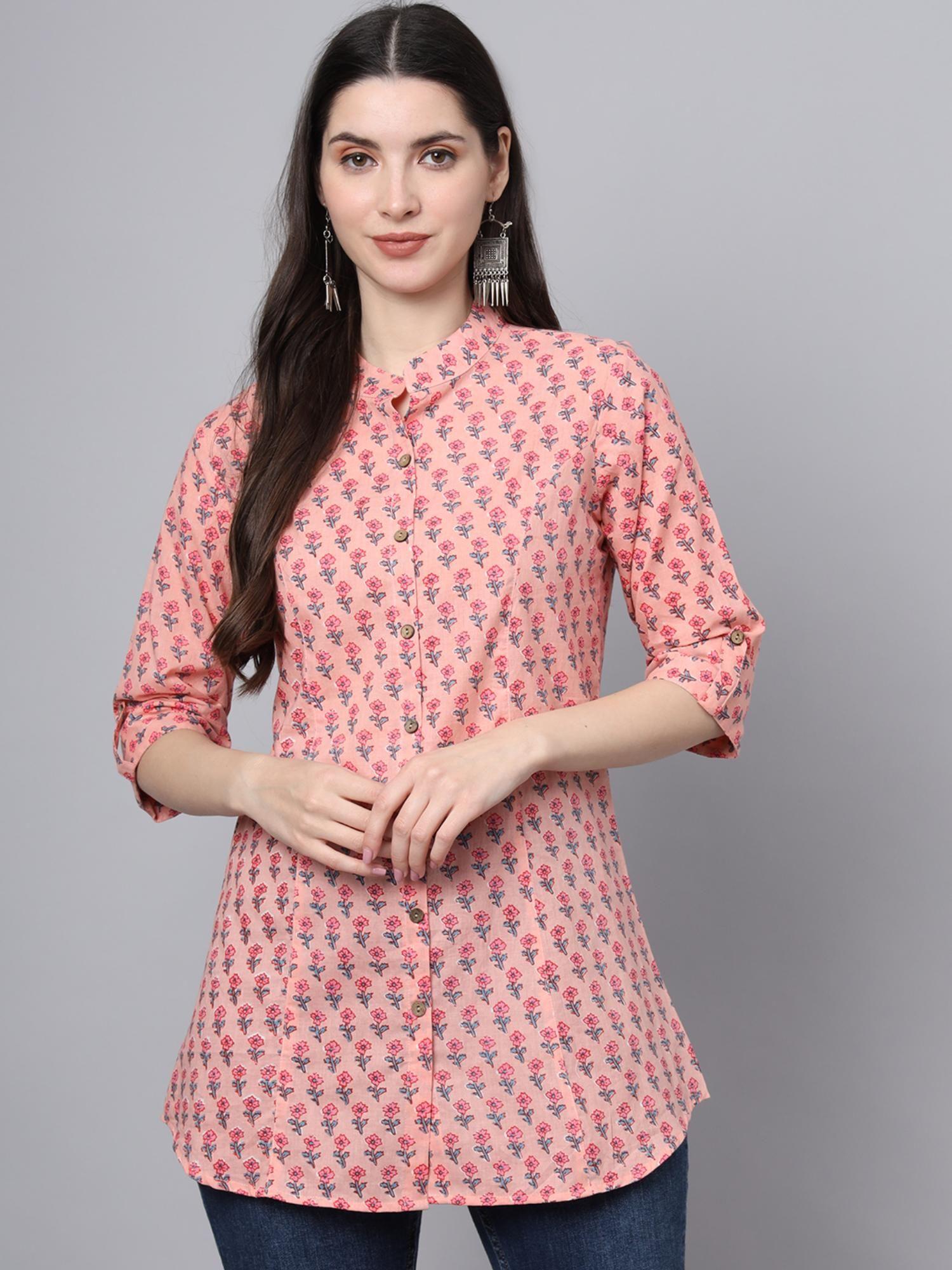 pink cotton floral print shirt style top