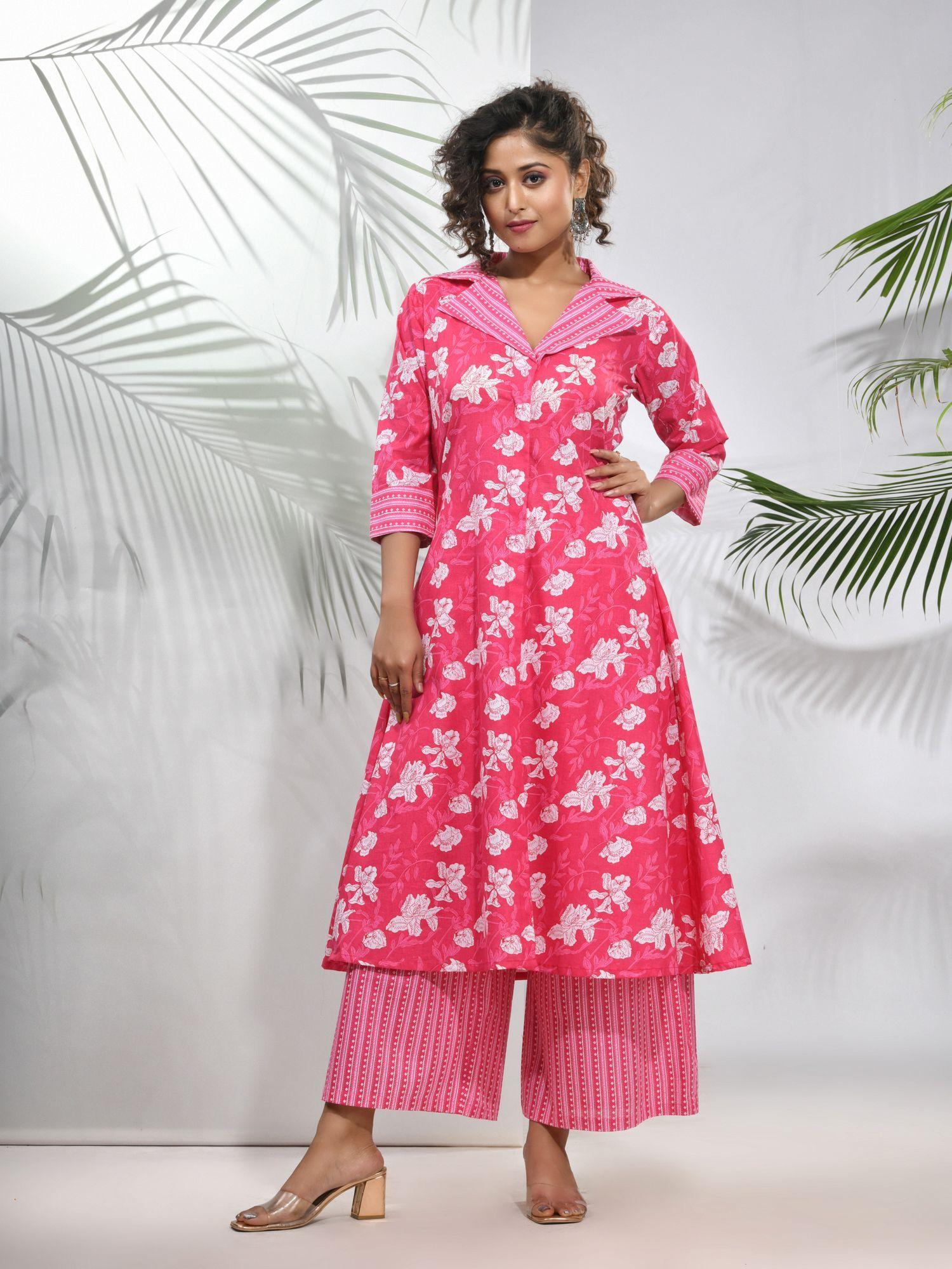 pink cotton floral printed a-line kurta