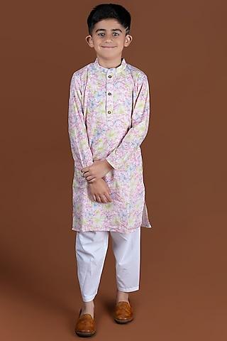 pink cotton floral printed kurta set for boys