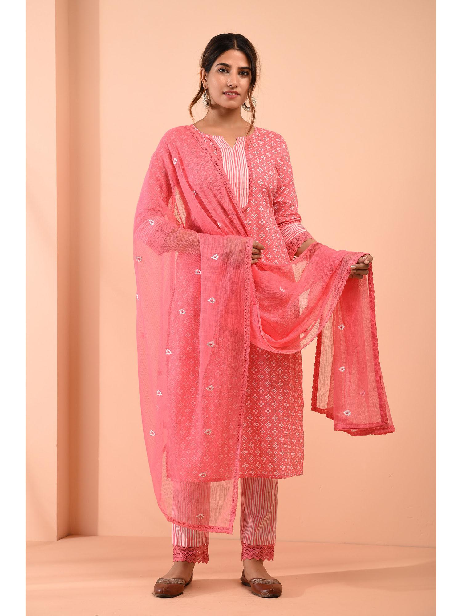 pink cotton floral printed kurta with pant & kota doria dupatta (set of 3)