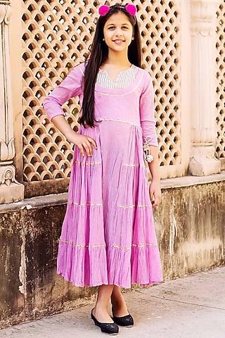 pink cotton gota embroidered dress for girls