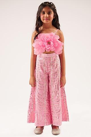 pink cotton gota lace & 3d floral embroidered jumpsuit for girls