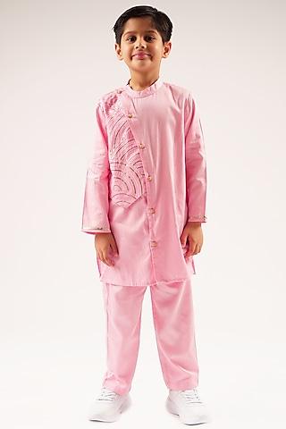 pink cotton gota lace embroidered kurta set for boys