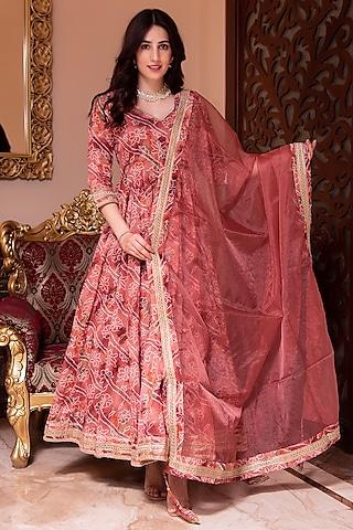 pink cotton gota patti embroidered & printed anarkali set