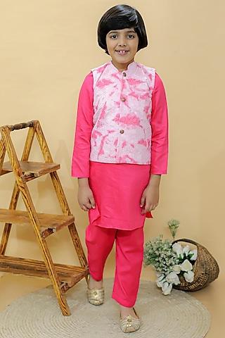 pink cotton hakoba tie-dye nehru jacket set for boys