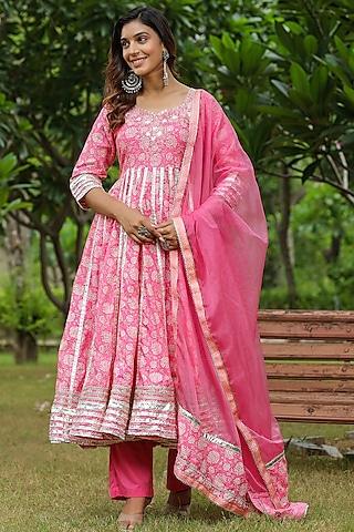 pink cotton hand block printed & embroidered anarkali set