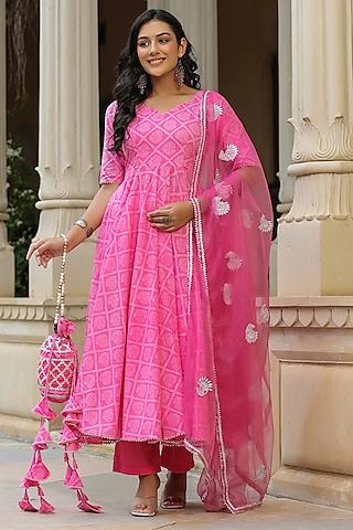 pink cotton hand block printed & embroidered anarkali set