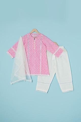pink cotton hand block printed kurta set for girls