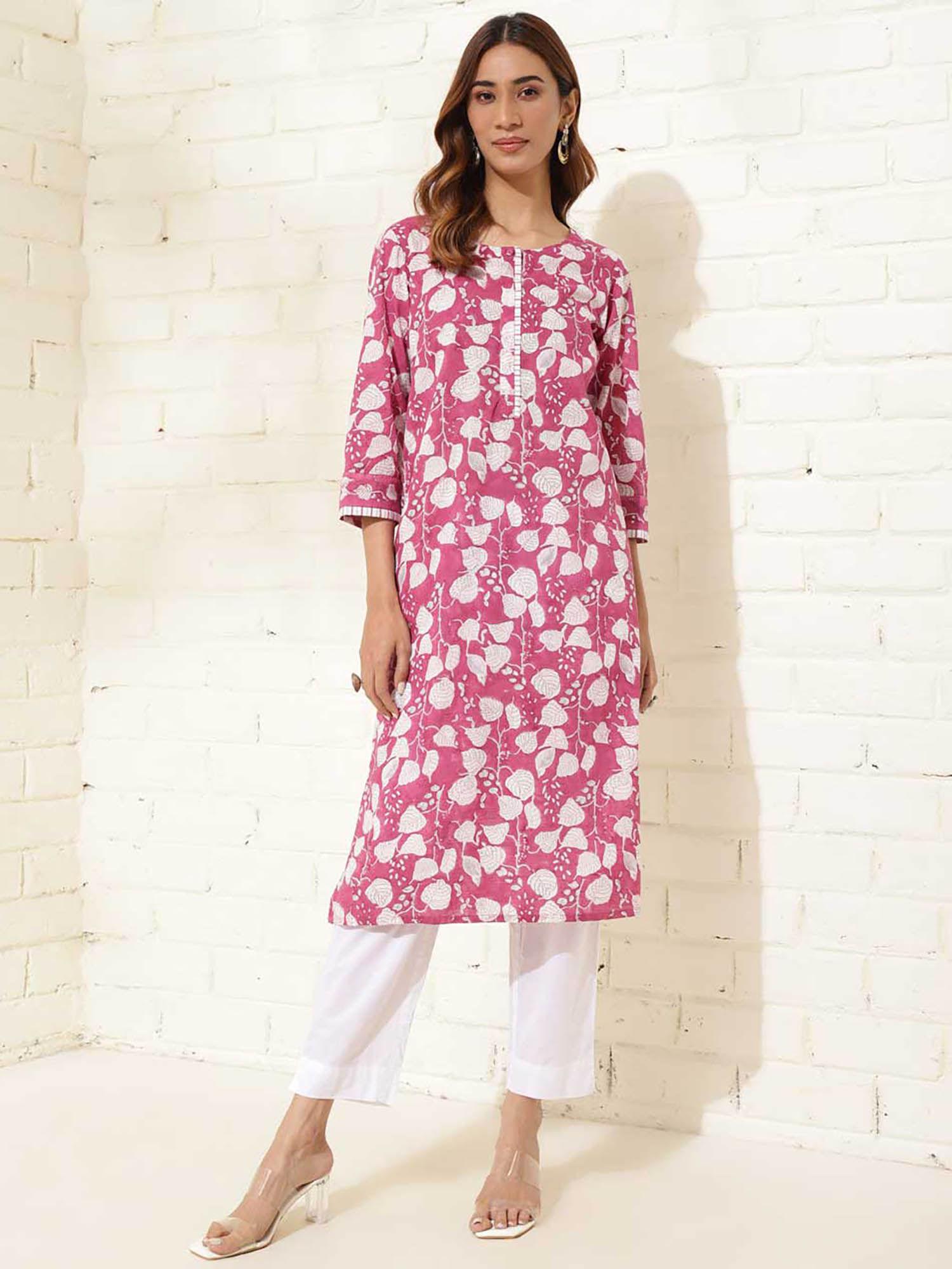 pink cotton hand block printed kurta