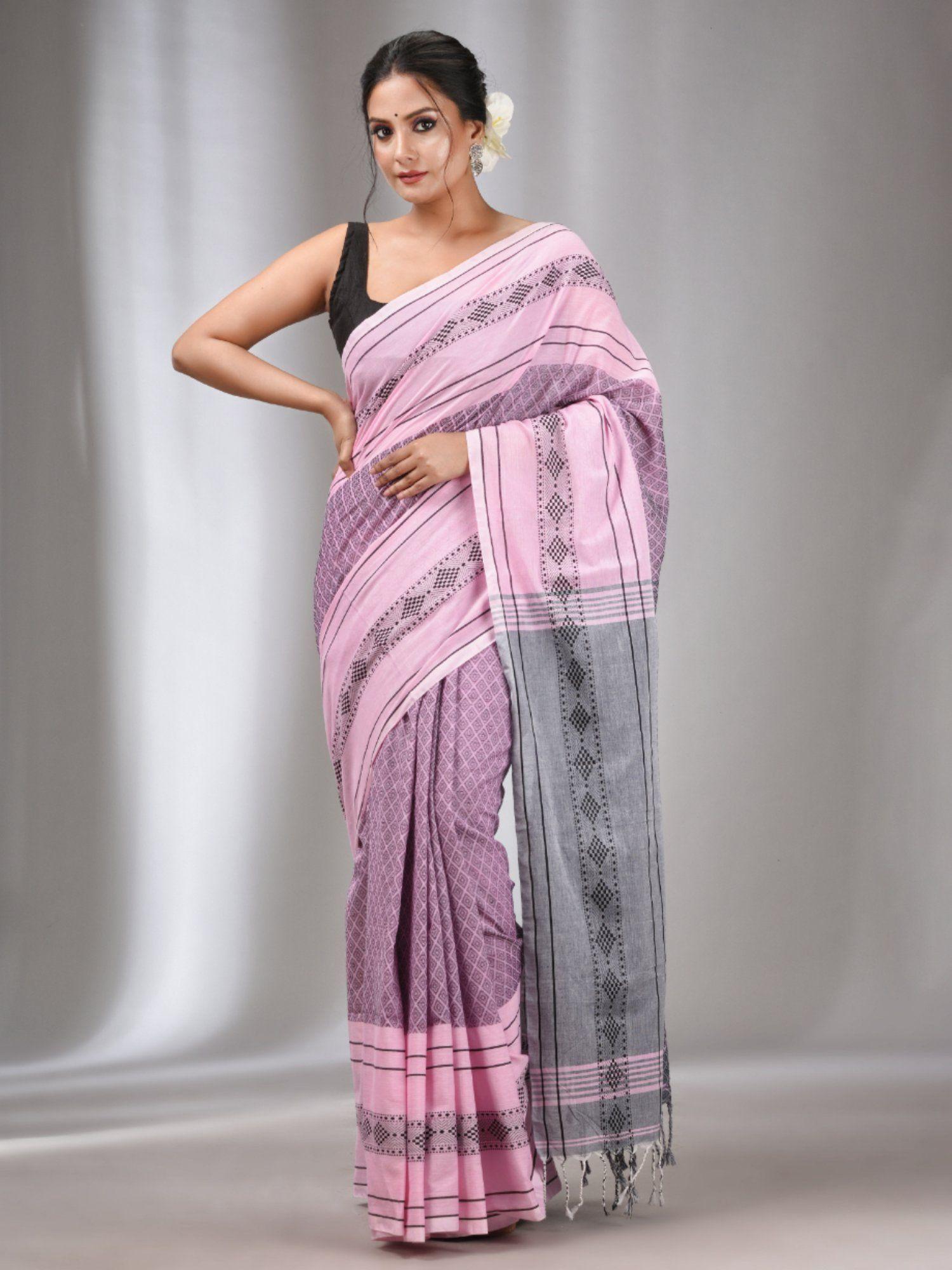 pink cotton handwoven saree with texture designs with unstitched blouse