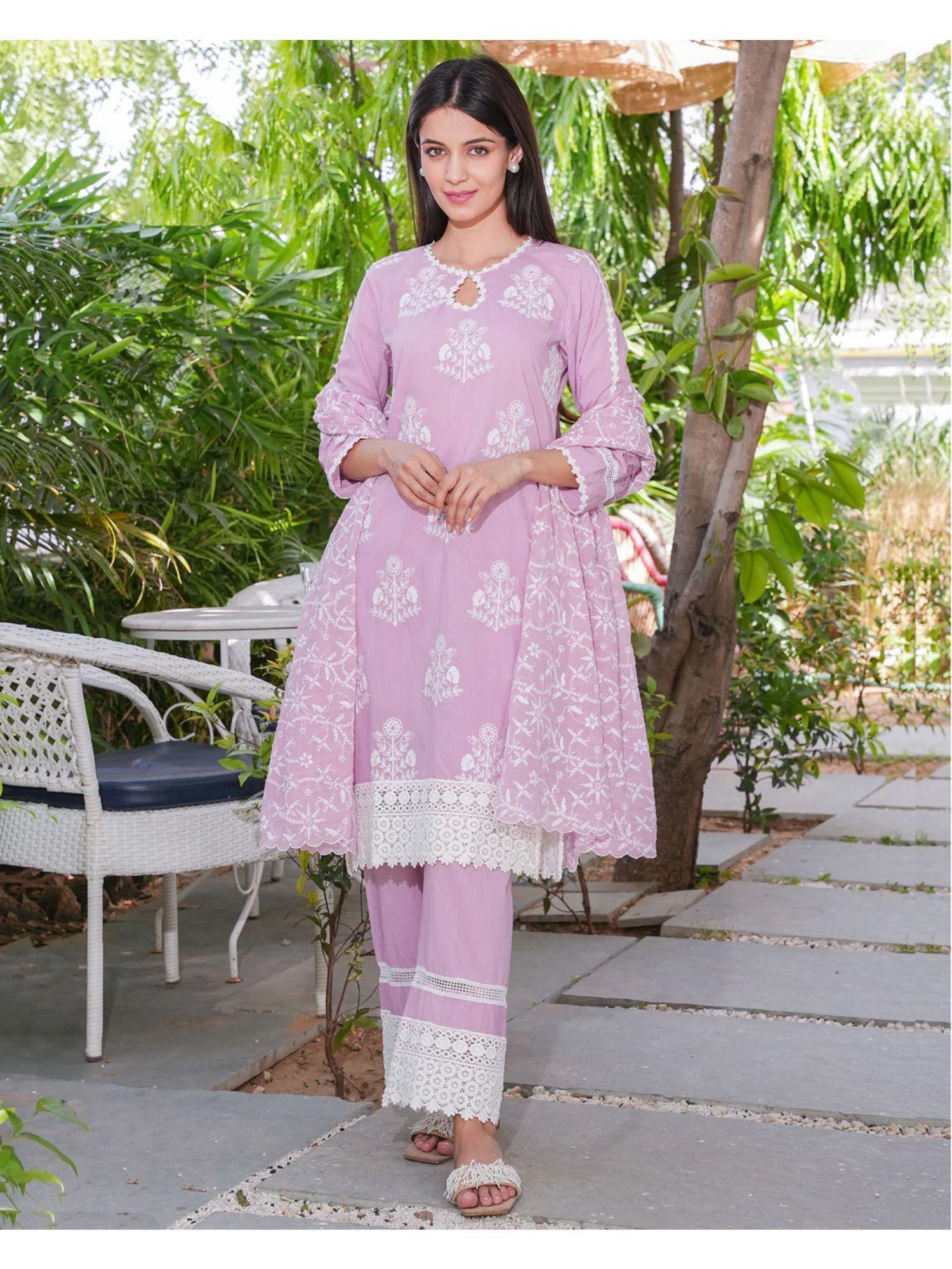 pink cotton heavily embroidered kurta (set of 3)