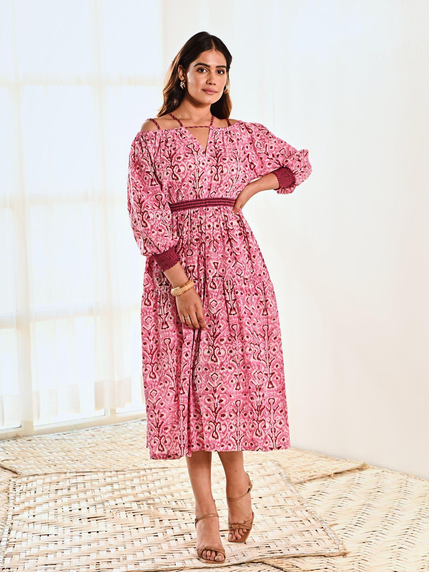 pink cotton ikat print three fourth sleeves midi dress