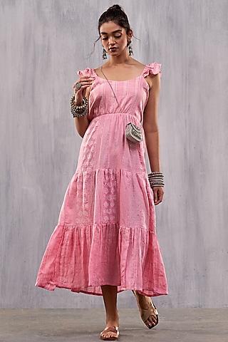 pink cotton jacquard gathered maxi dress