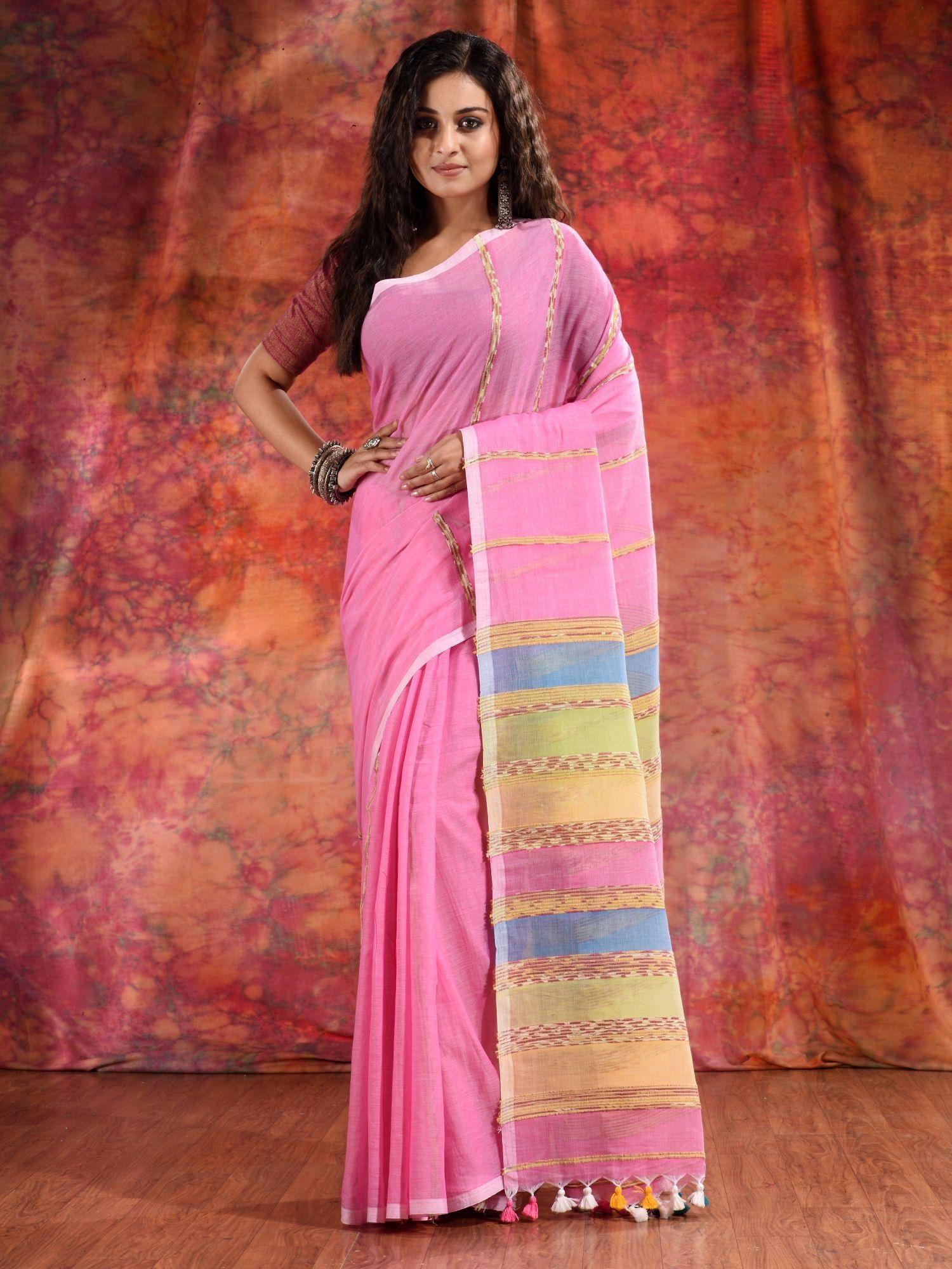 pink cotton khesh soft handwoven saree and unstitched blouse