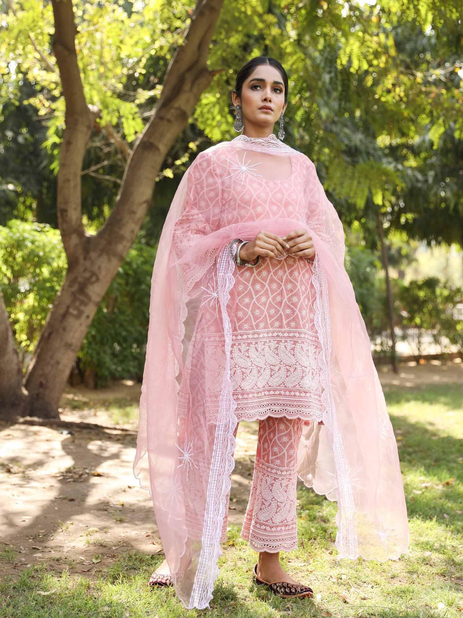 pink cotton kurta with pant & organza dupatta (set of 3)