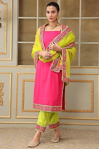 pink cotton lace embroidered straight kurta set