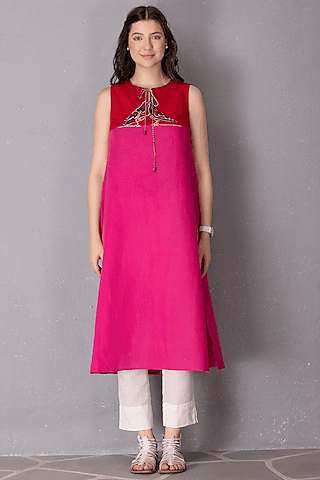 pink cotton linen embroidered tunic set