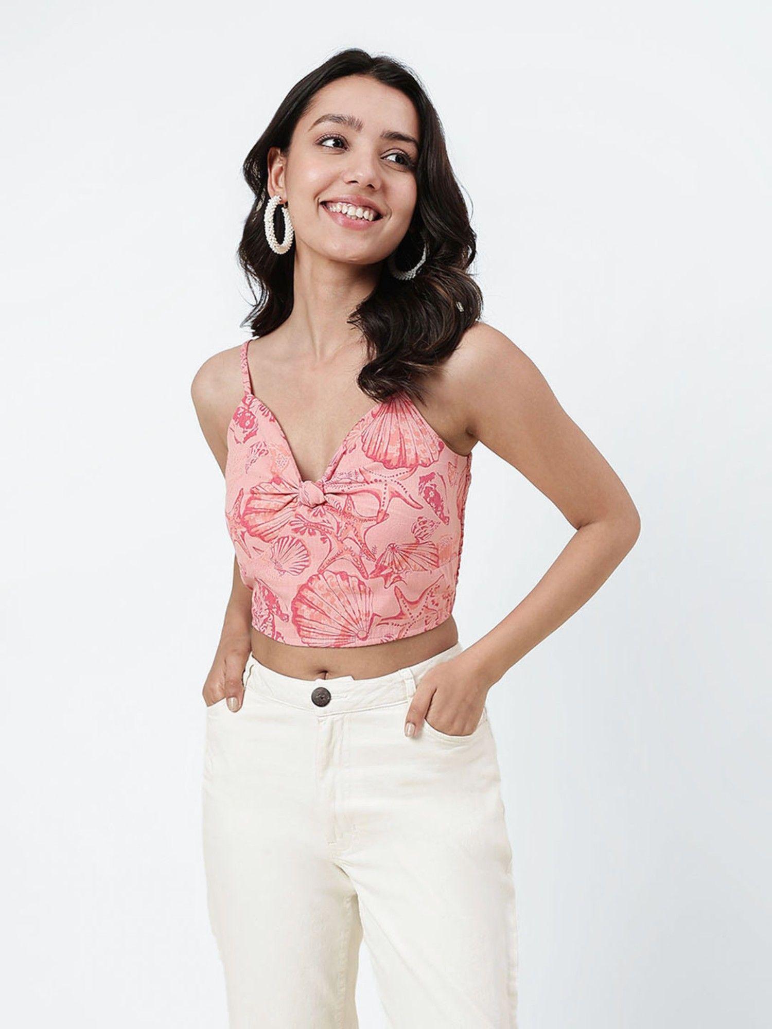 pink cotton linen printed crop top