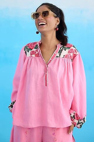 pink cotton linen rose printed top