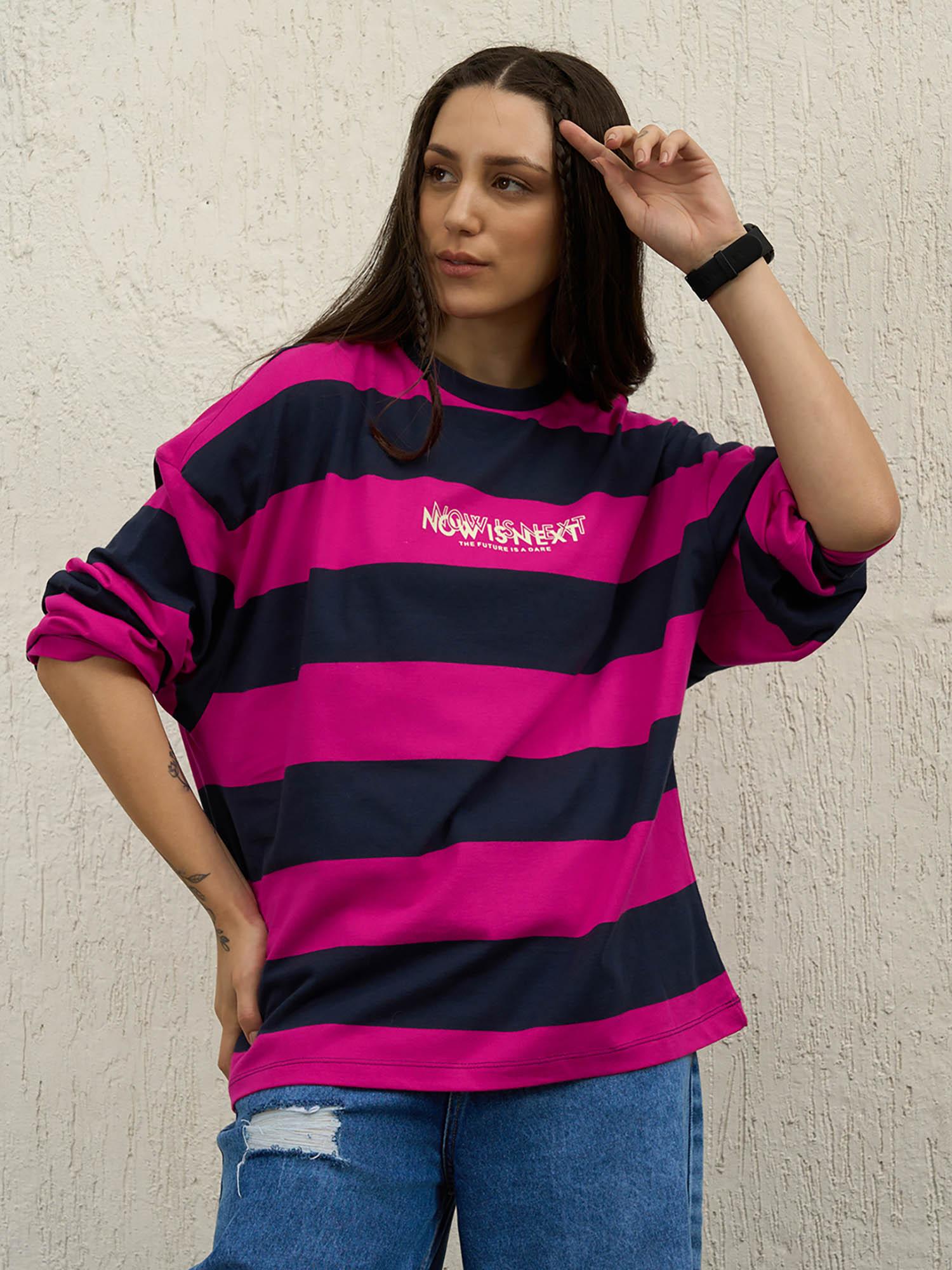 pink cotton long sleeves round neck striped boxy t-shirt