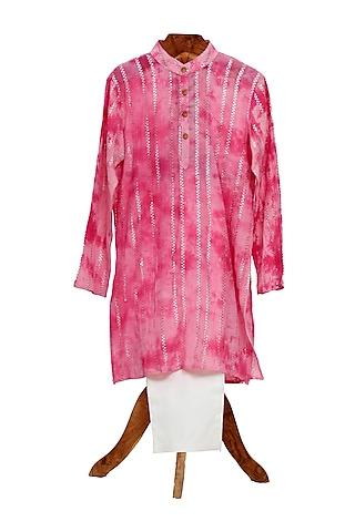 pink cotton lurex printed kurta set for boys