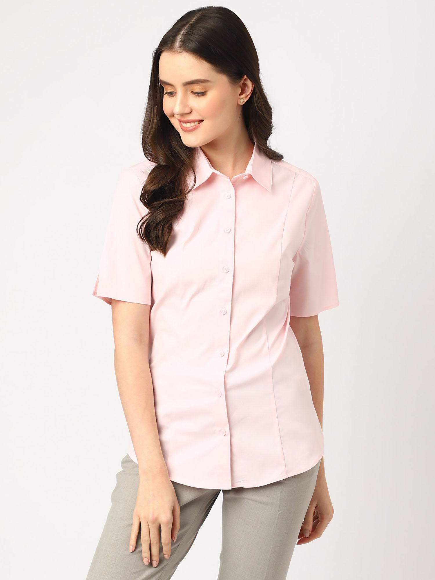 pink cotton mix plain spread collar shirt