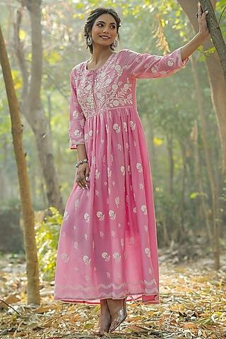 pink cotton mulmul chikankari embroidered dress