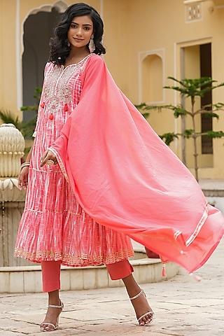 pink cotton mulmul shibori leheriya printed tiered anarkali set