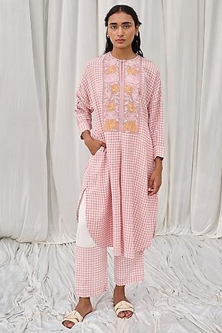 pink cotton printed & embroidered tunic set