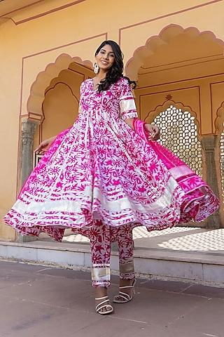 pink cotton printed & gota patti work anarkali set