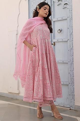 pink cotton printed anarkali set