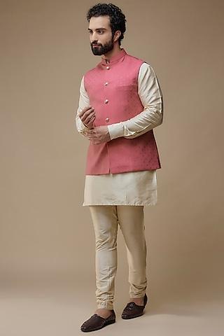 pink cotton printed bundi jacket set for boys