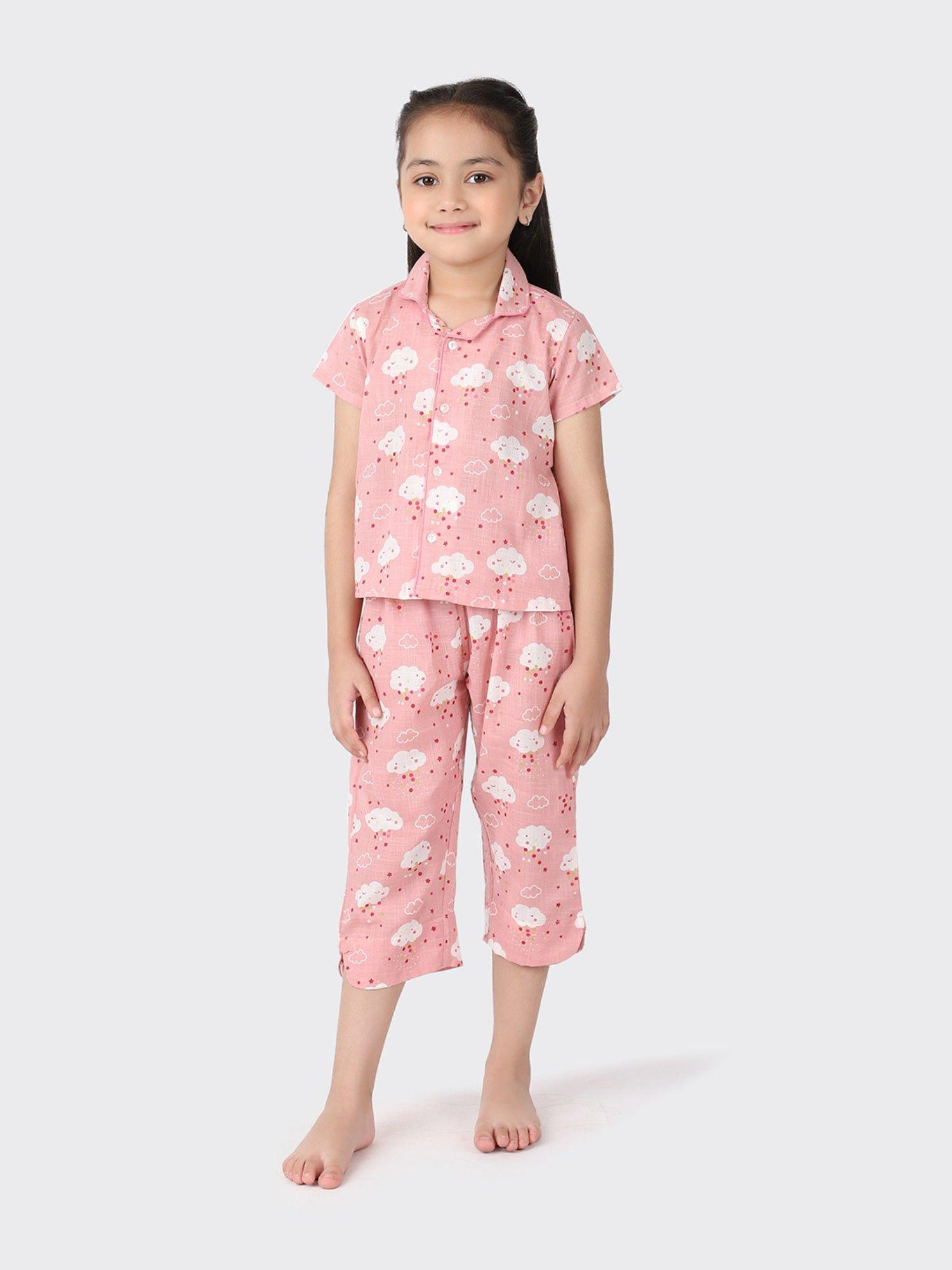 pink cotton printed girls pyjamas (set of 2)