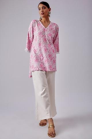 pink cotton printed hakoba kurta set