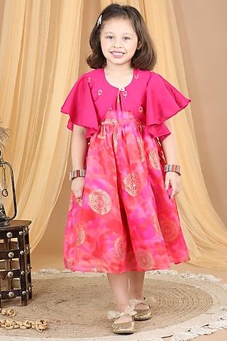pink cotton printed jacket dress for girls