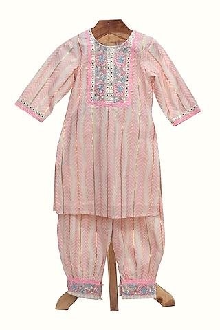 pink cotton printed kurta set for girls