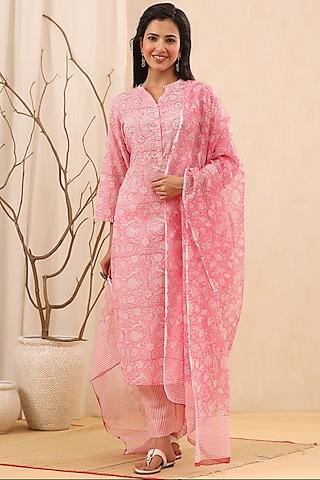 pink cotton printed kurta set